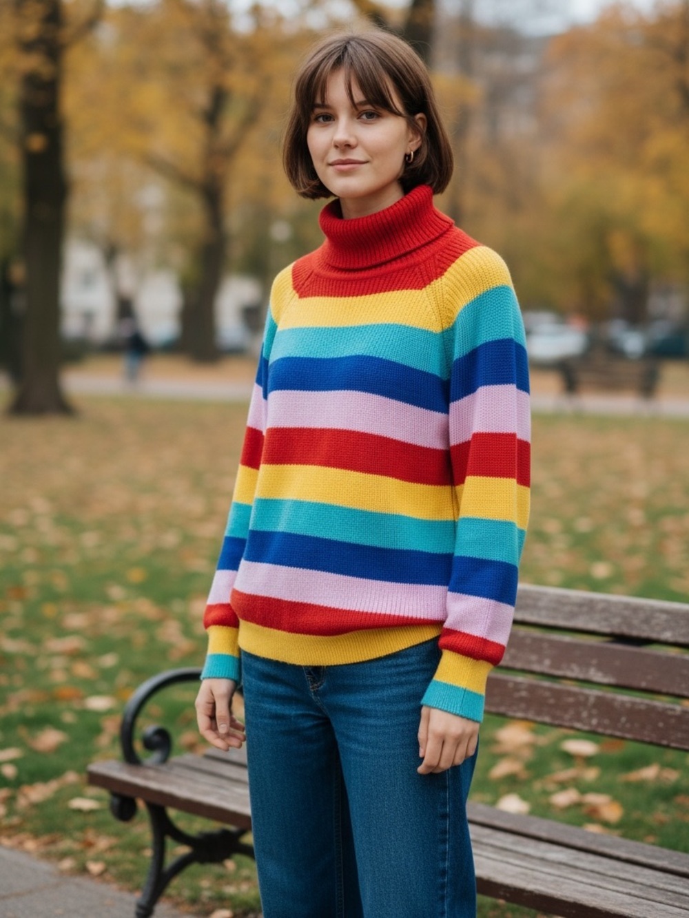 Rainbow Striped Cowl Neck Cropped Cable Knit Sweater